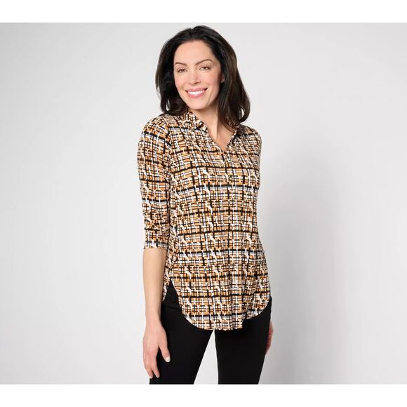 Susan Graver Womens XL Petite Printed Liquid Knit 3/4 Sleeve Split Neck Tunic - Picture 1 of 6